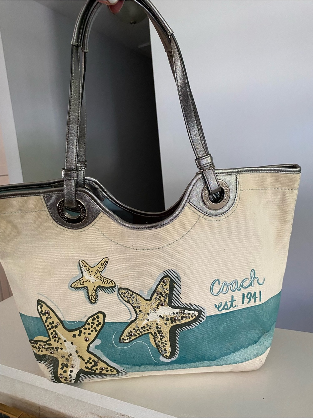 Coach Canvas Tote with Teal Wave and Metallic Handles